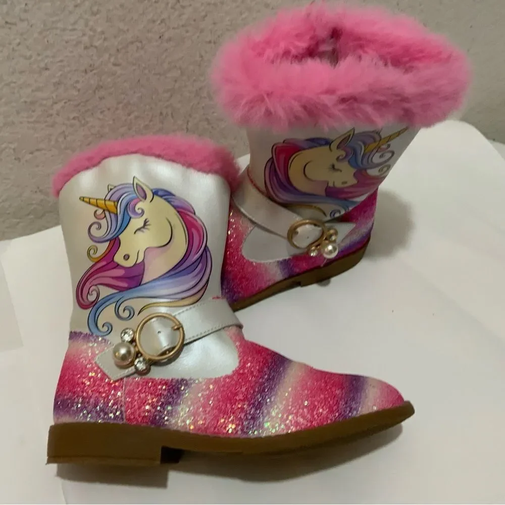 Girls Unicorn Glitter Boots with Faux Fur Trim By Liv and Mia 4Y